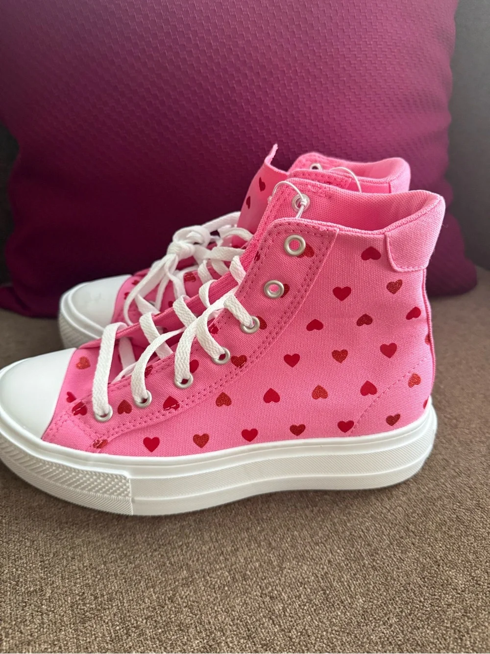 Girls Pink High-Top Heart Print Canvas Sneakers